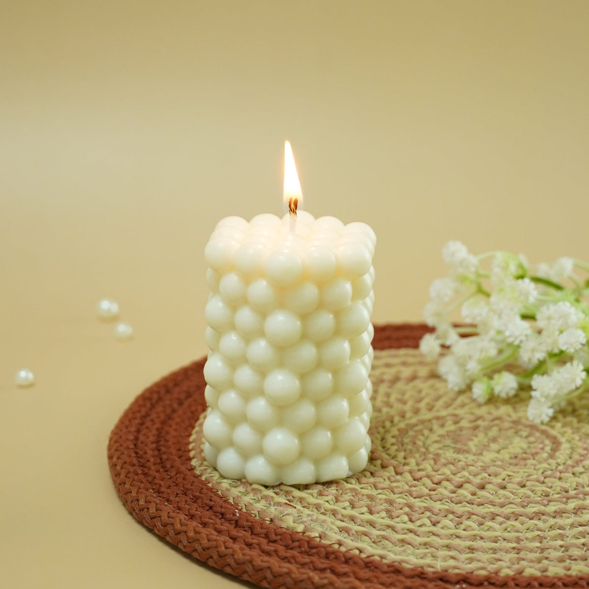 White Bubble Textured Candle | Decorative Pillar Candle for Home Décor