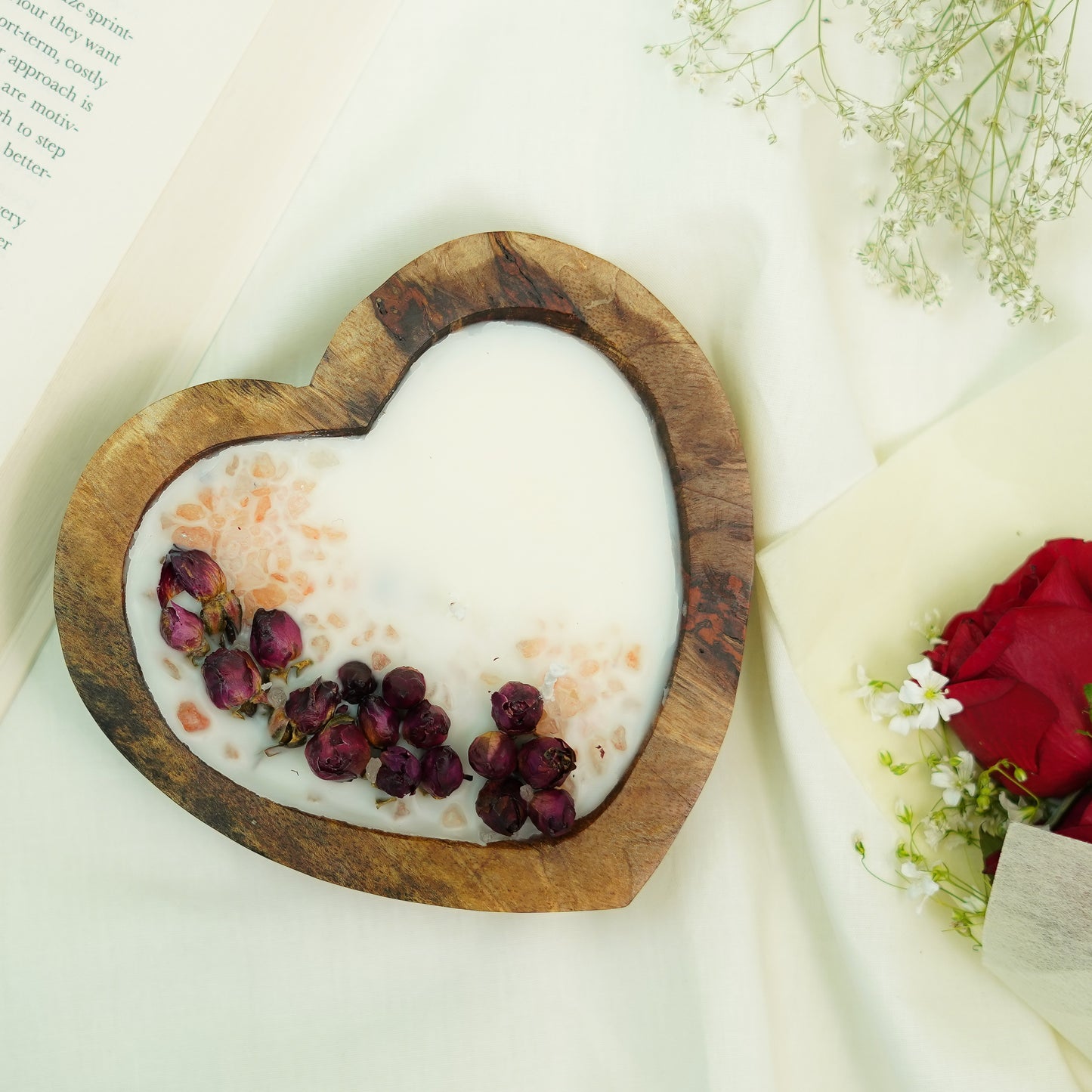 Heart-Shaped Rose Wooden Bowl Candle