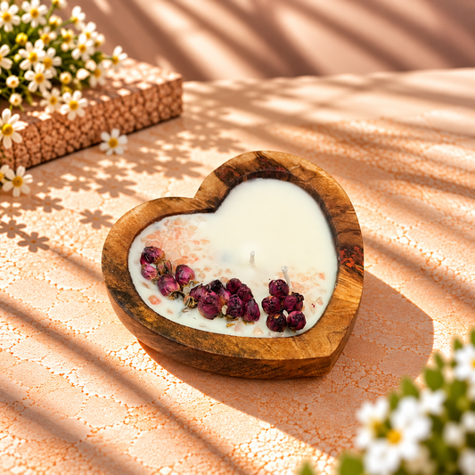 Heart-Shaped Rose Wooden Bowl Candle