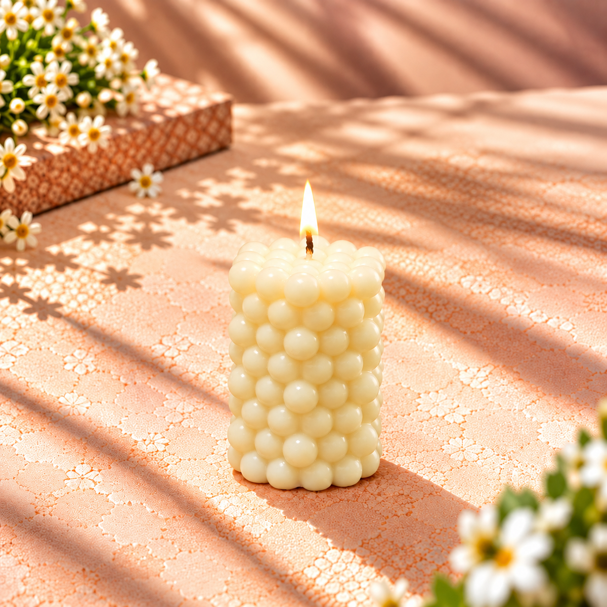 White Bubble Textured Candle | Decorative Pillar Candle for Home Décor