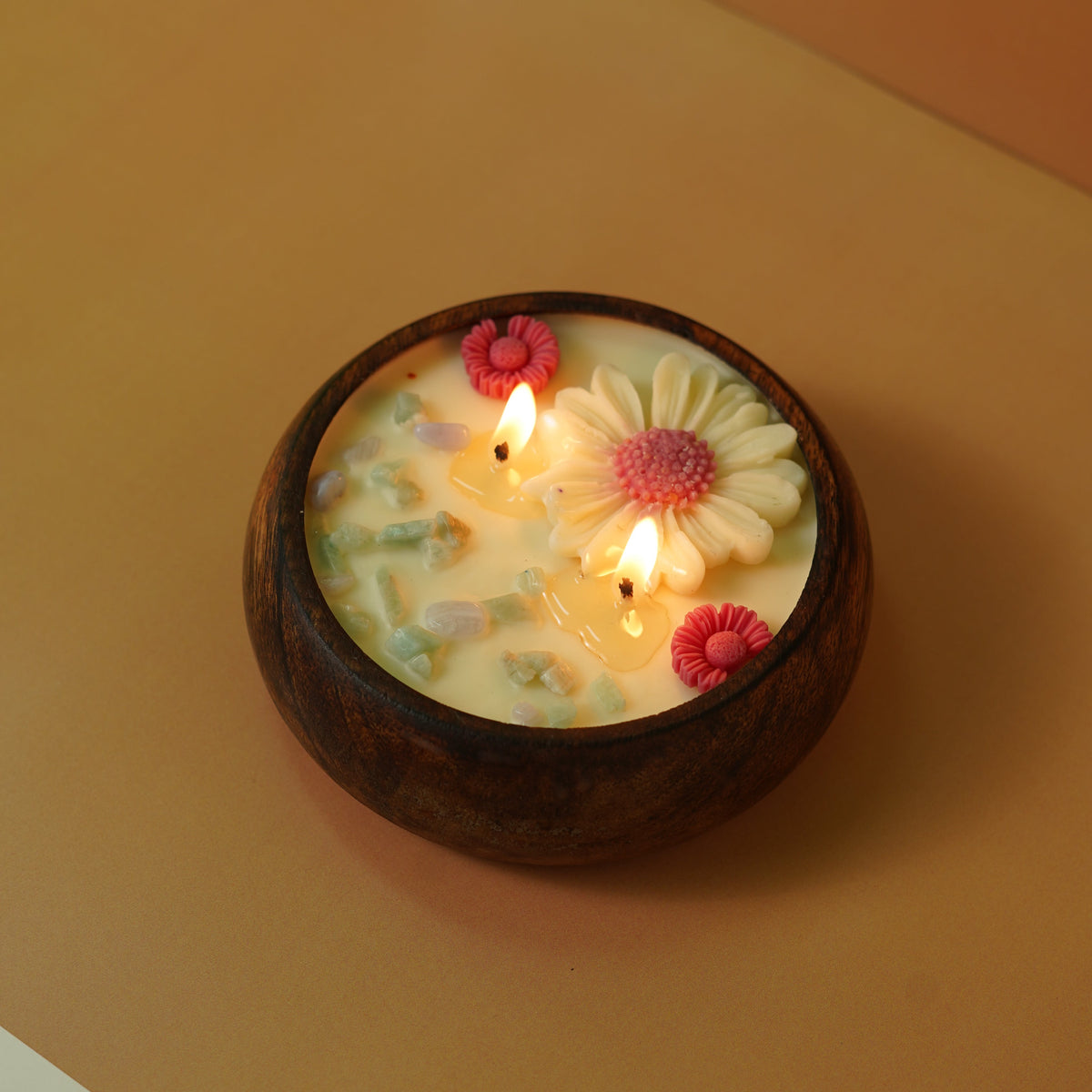 Handcrafted Floral Wooden Bowl Candle | Decorative Scented Candle
