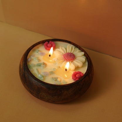 Handcrafted Floral Wooden Bowl Candle | Decorative Scented Candle
