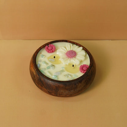 Handcrafted Floral Wooden Bowl Candle | Decorative Scented Candle