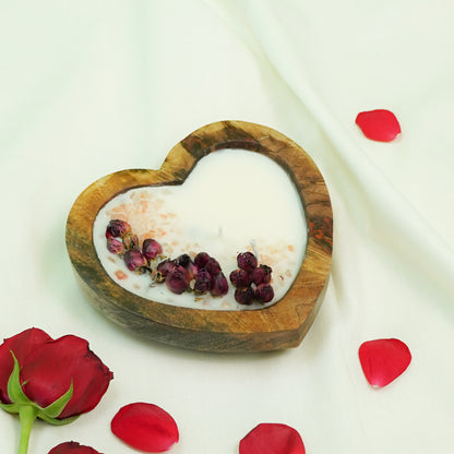 Heart-Shaped Rose Wooden Bowl Candle