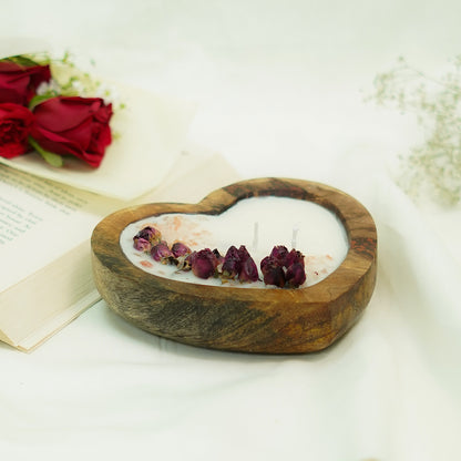 Heart-Shaped Rose Wooden Bowl Candle