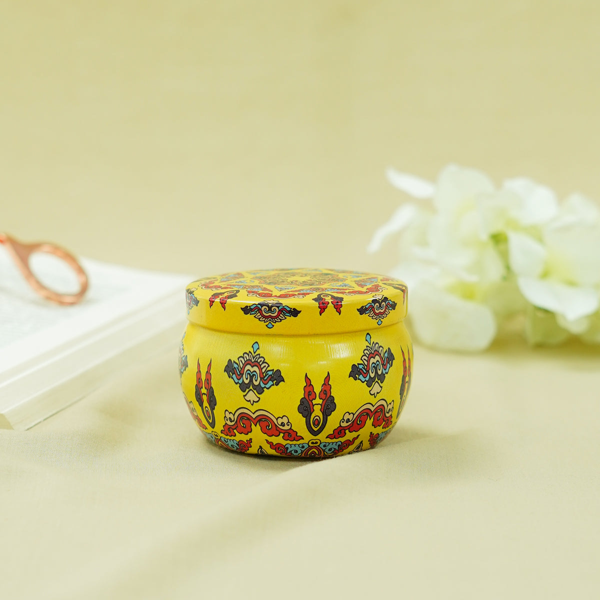 Yellow Traditional Printed Tin Candle