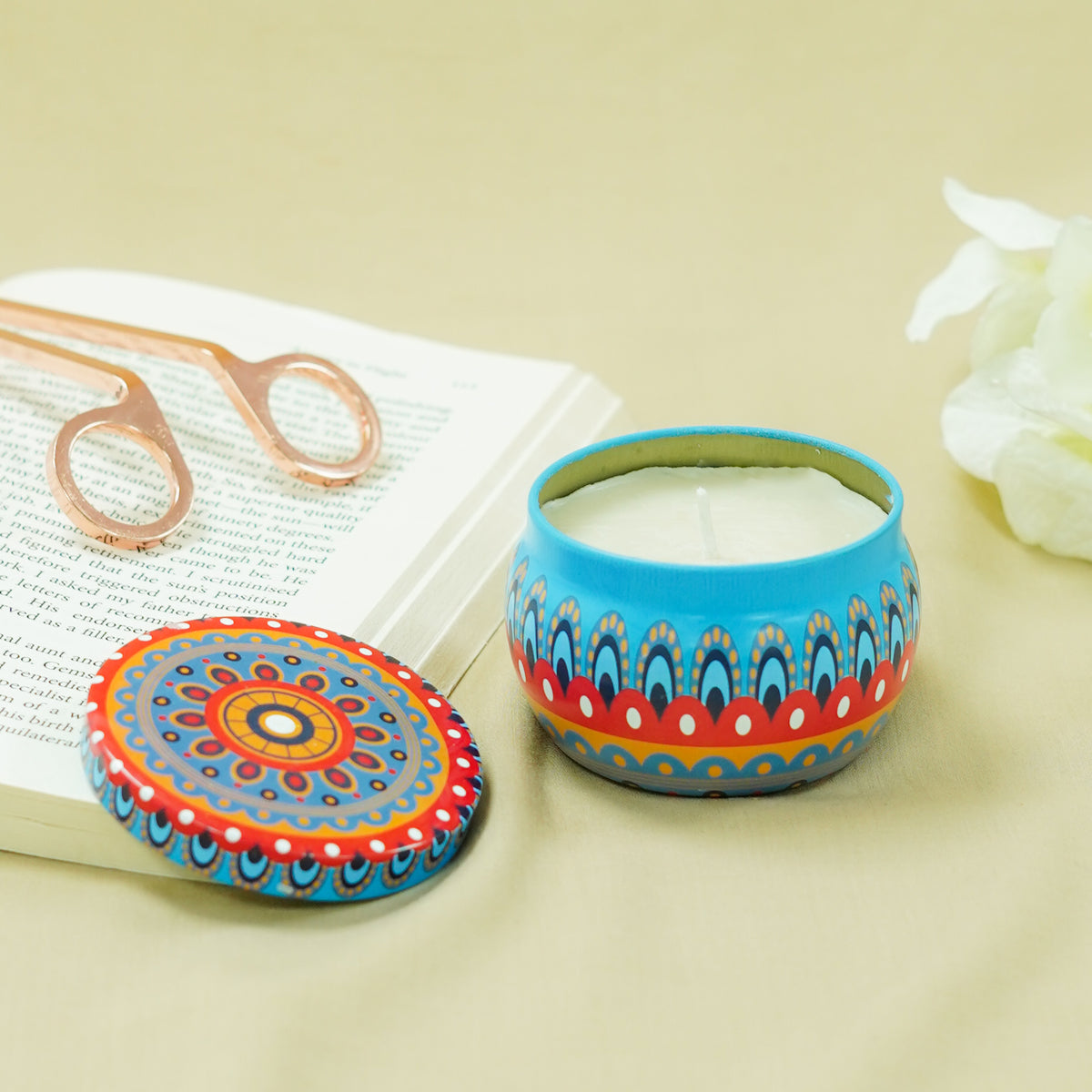 Blue Decorative Printed Tin Candle